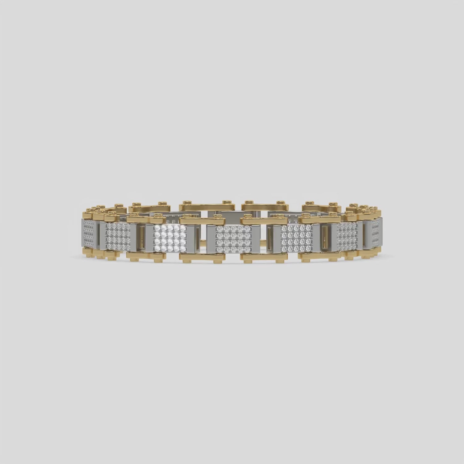 This two tone gold Diamond link bracelet features 3.40 CT of round cut diamonds set in a pave setting