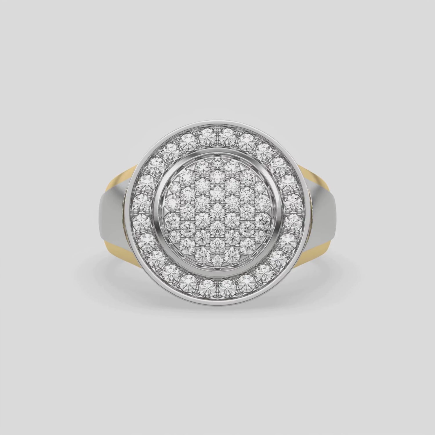 Cluster diamond signet ring made with a cluster of round brilliant cut diamonds, followed by a shining white gold metal rim. Surrounding this centerpiece is a halo of round diamonds, enclosed by another metal rim