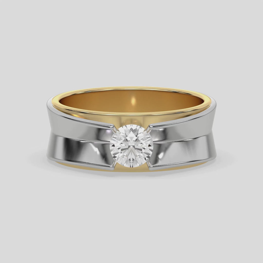 This video features a yellow and white gold diamond solitaire ring, boasting a two-tone gold design and adorned with a round brilliant-cut diamond delicately set in a tension setting