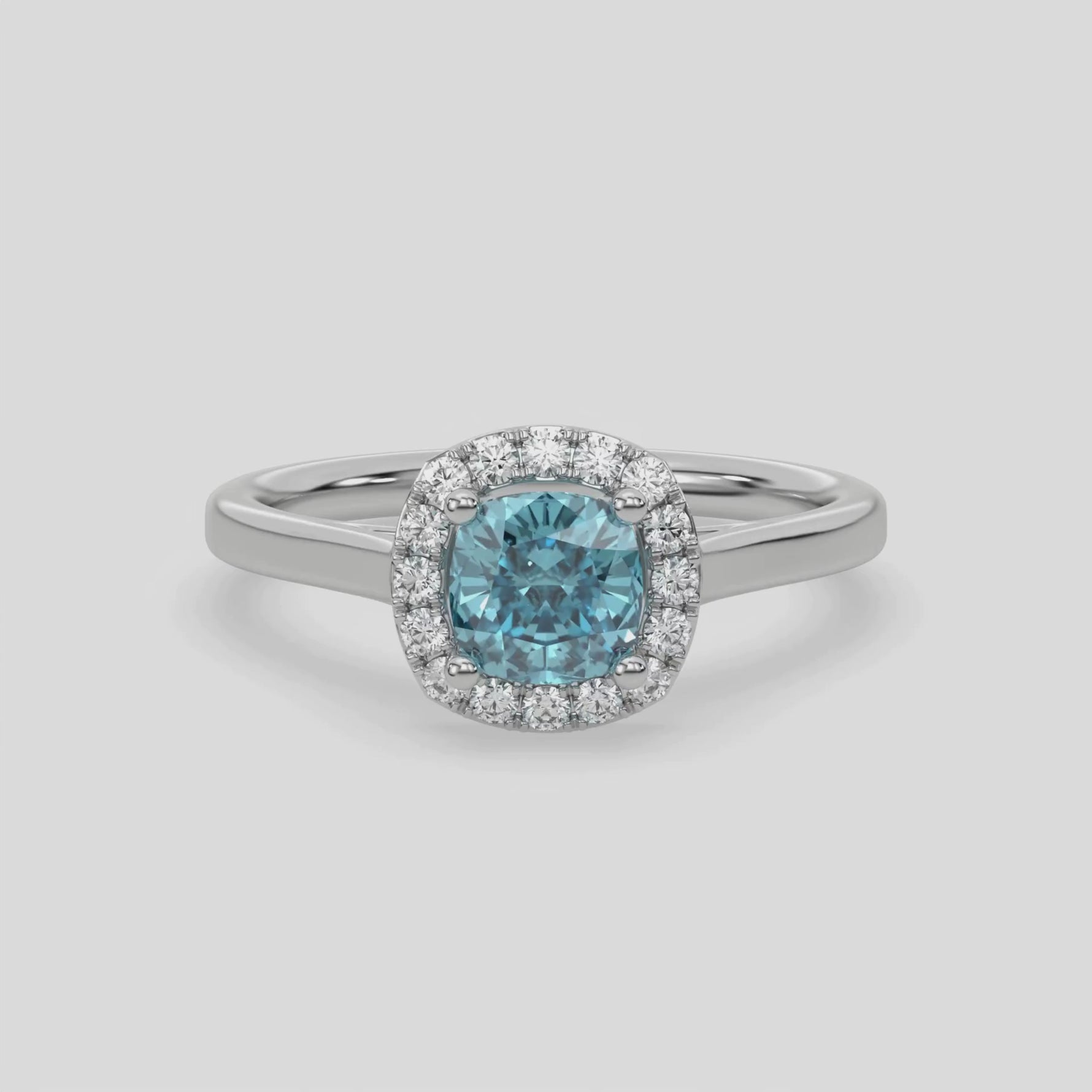 18K White Gold Fancy Blue Cushion Diamond Halo Engagement Ring