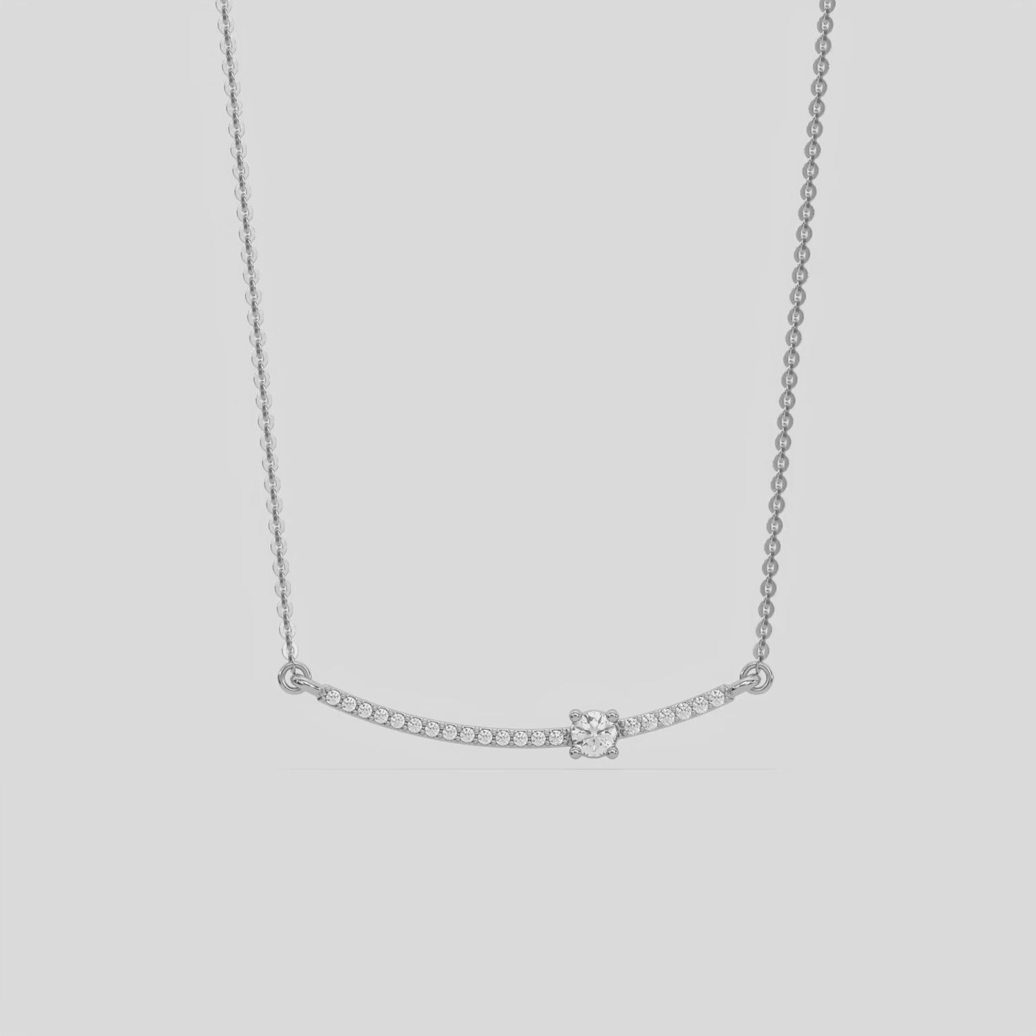 Curved Bar Diamond Necklace made with round brilliant-cut diamond in prong setting with a round solitaire on top set at an angle with adjustable chain