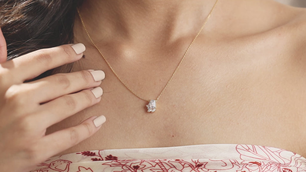 18K Yellow Gold Emerald, Round and Marquise Diamond Cluster Pendant