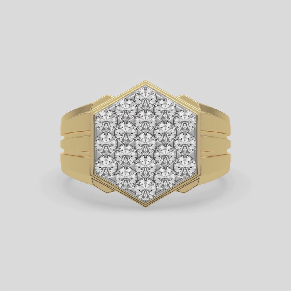 This video features a Diamond hexagon cluster ring showcases solid gold and round brilliant-cut diamonds arranged in a stunning hexagonal formation, secured elegantly in prong settings