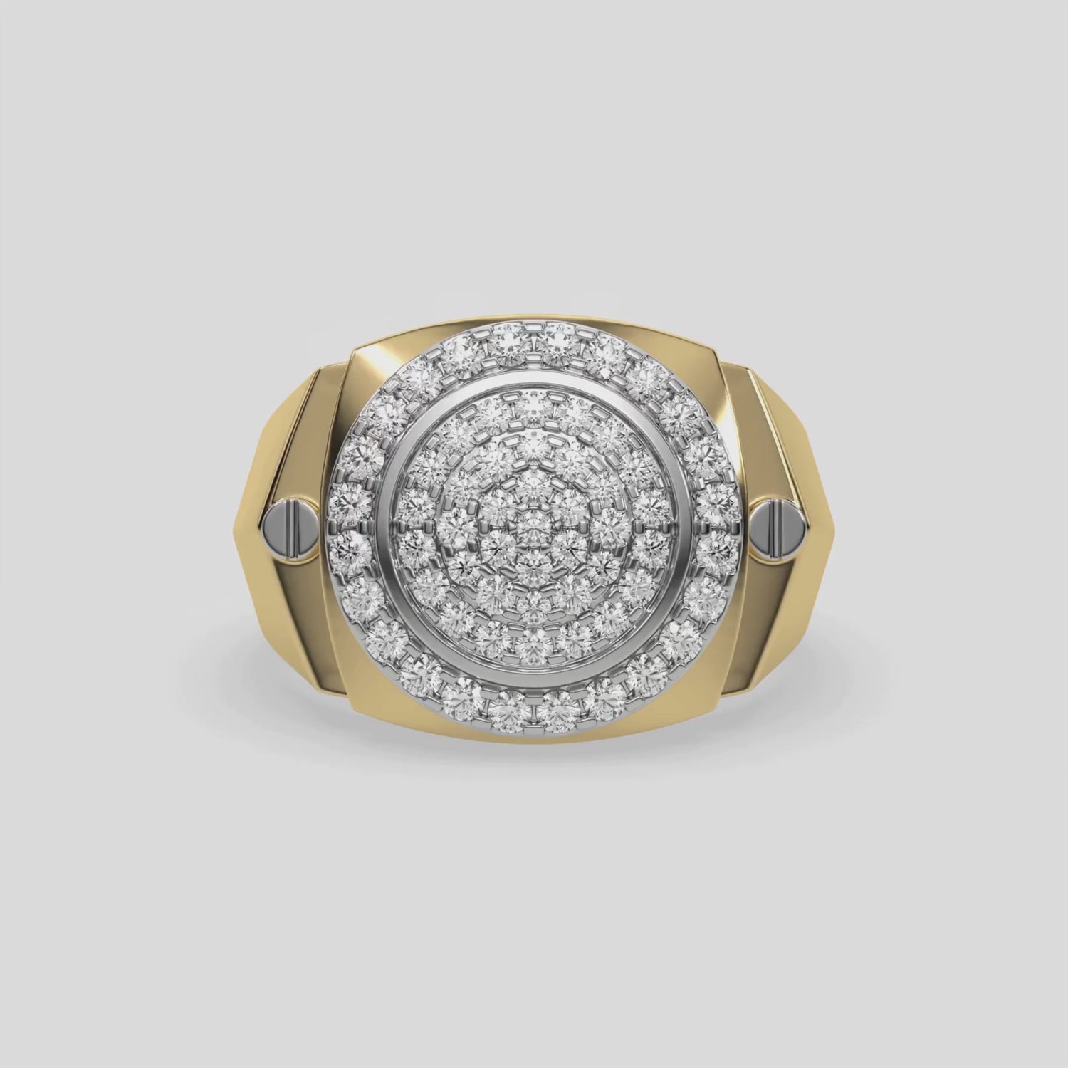 This video features a yellow gold ring is made from a cluster of round cut diamonds in the centre with a metal rim on the outside, complimented by a halo of round diamonds in a shared prong settings 