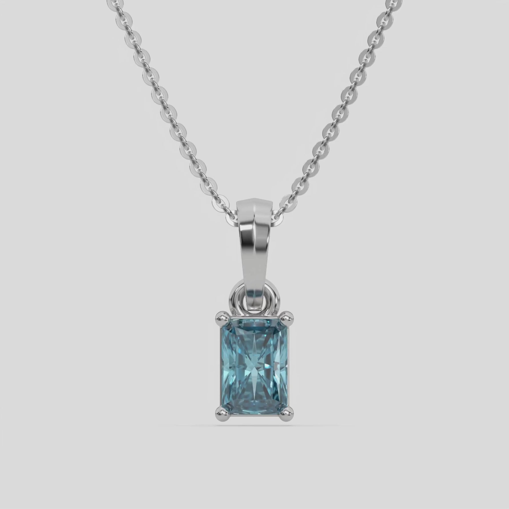 14K White Gold Fancy Blue Radiant Solitaire Diamond Necklace