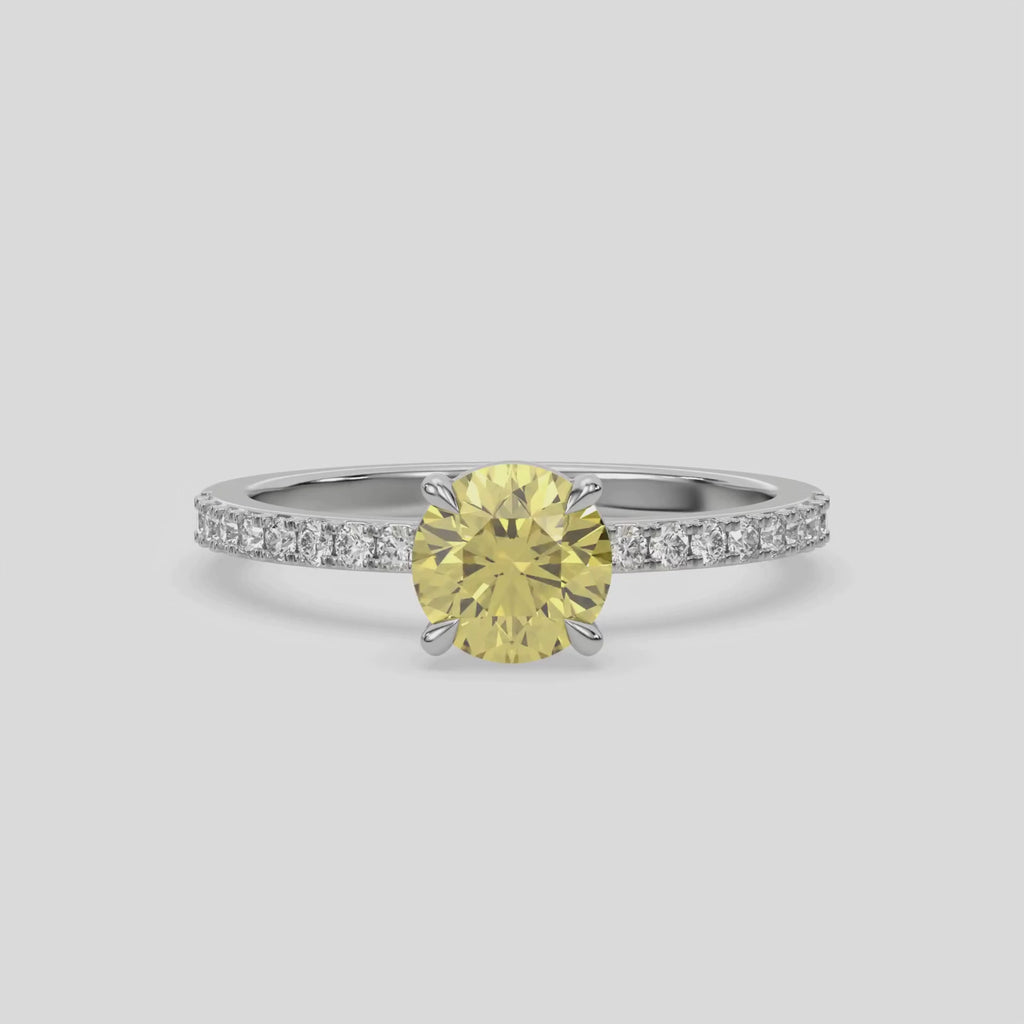 Yellow Round Engagement Ring, Pave Yellow Diamond Ring, Solitaire Engagement Ring