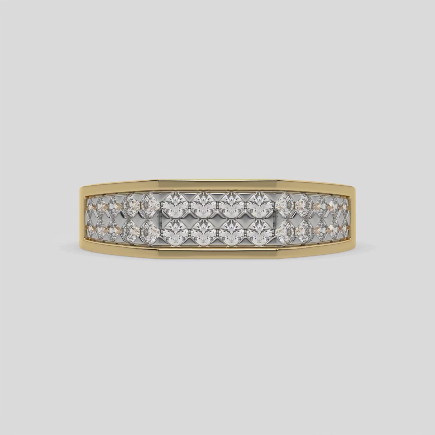 This video features a yellow gold Indulge in elegance with our men dual-row diamond ring, adorned with two rows of round brilliant-cut diamonds meticulously set in a shared prong setting 