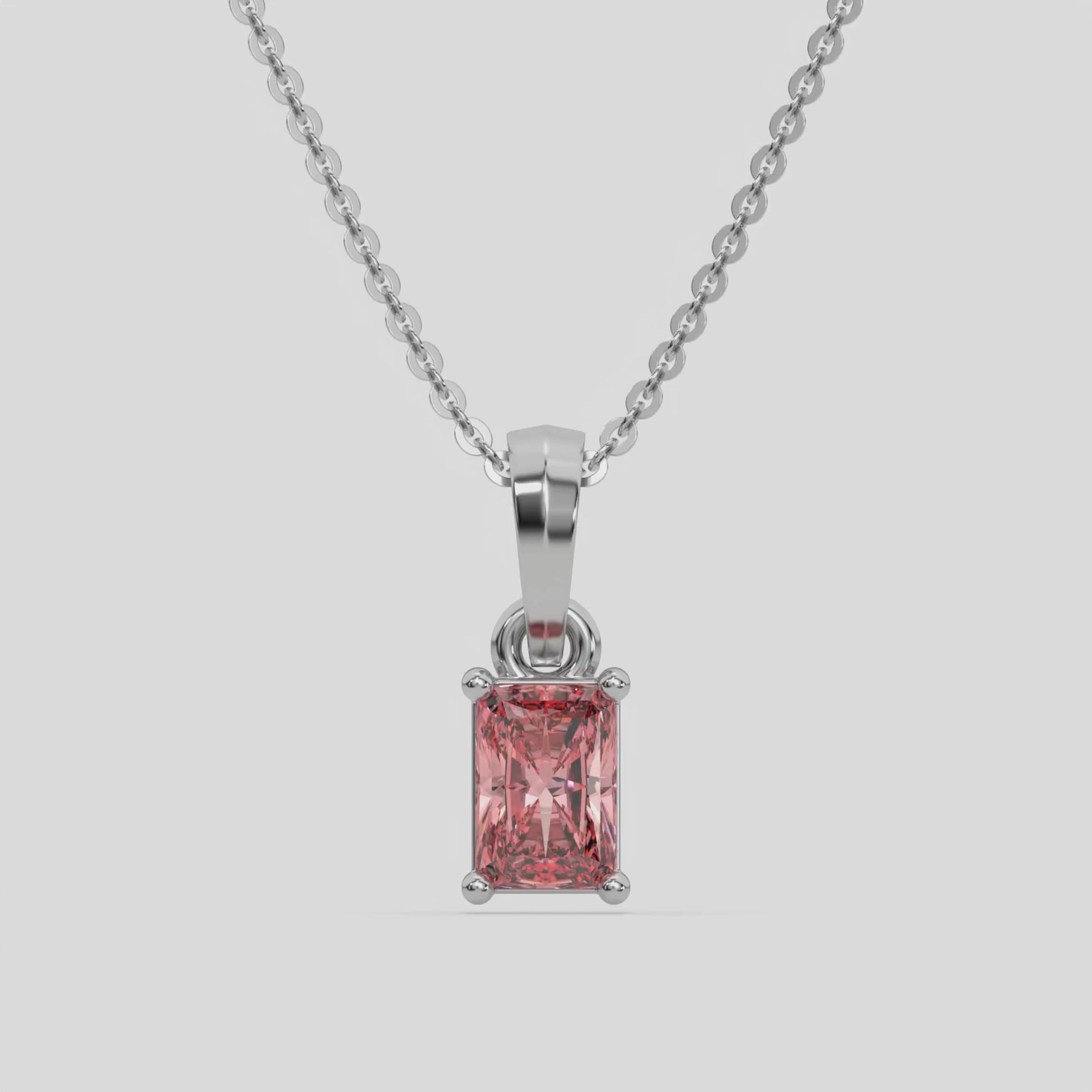 18K White Gold 2 CT Fancy Pink Radiant Solitaire Diamond Necklace