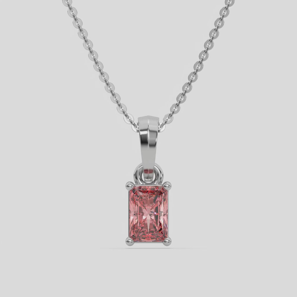  Fancy Pink Radiant Solitaire Diamond Necklace made with fancy radiant cut diamond in a four prong setting with adjustable chain