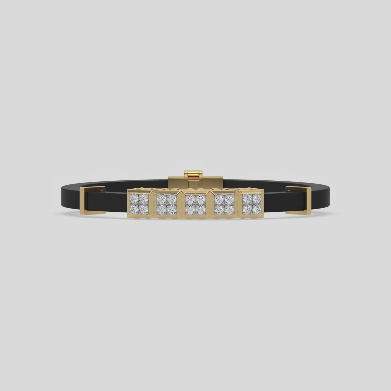 This video features a yellow gold Cubic diamond rubber bracelet features 5 cubic motifs adorned with 20 round-cut diamonds, all meticulously set in a prong setting