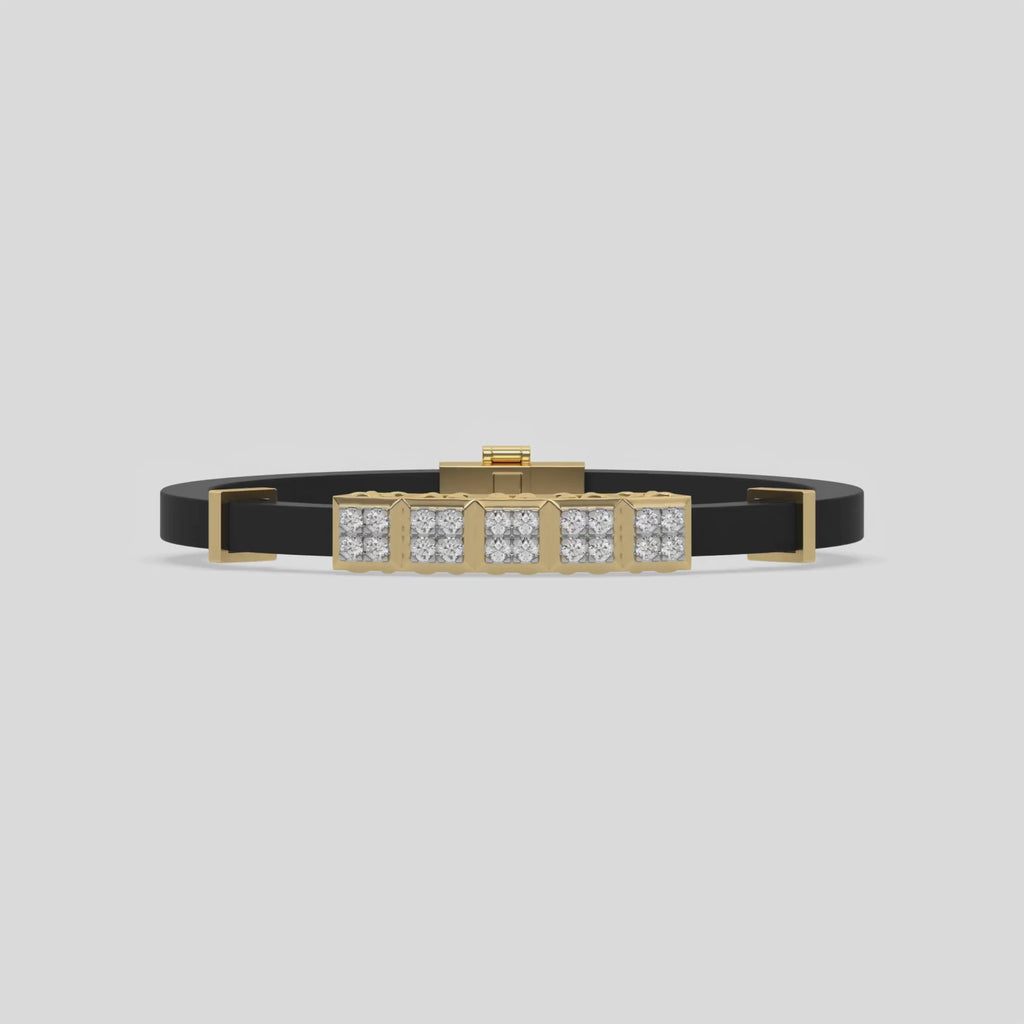 This video features a yellow gold Cubic diamond rubber bracelet features 5 cubic motifs adorned with 20 round-cut diamonds, all meticulously set in a prong setting