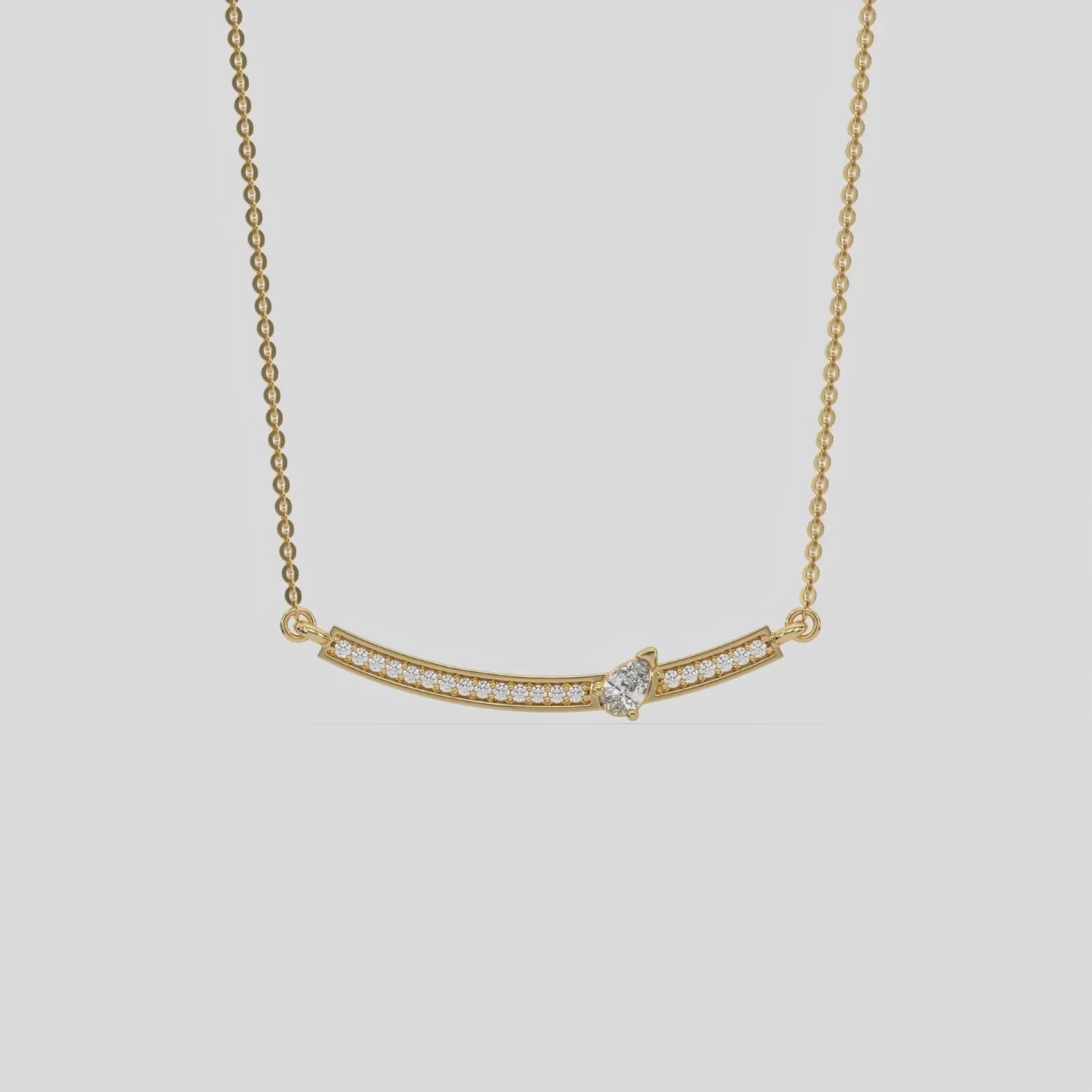 Curved Bar Diamond Necklace made with round brilliant-cut diamond in pave setting with a pear solitaire on top set at an angle with adjustable chain