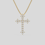 This yellow gold Cross Diamond Necklace made with round brilliant-cut diamonds, securely set in shared prong setting