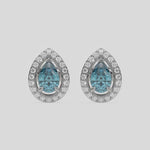 This video features a white gold Classic Pear Diamond Halo Earrings made with a fancy Blue pear cut solitaire diamonds set in a four prong setting