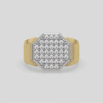 This video features a yellow gold Octagon diamond ring features an octagon disk formed with cluster of round cut diamonds set in a shared pave setting and a glossy band