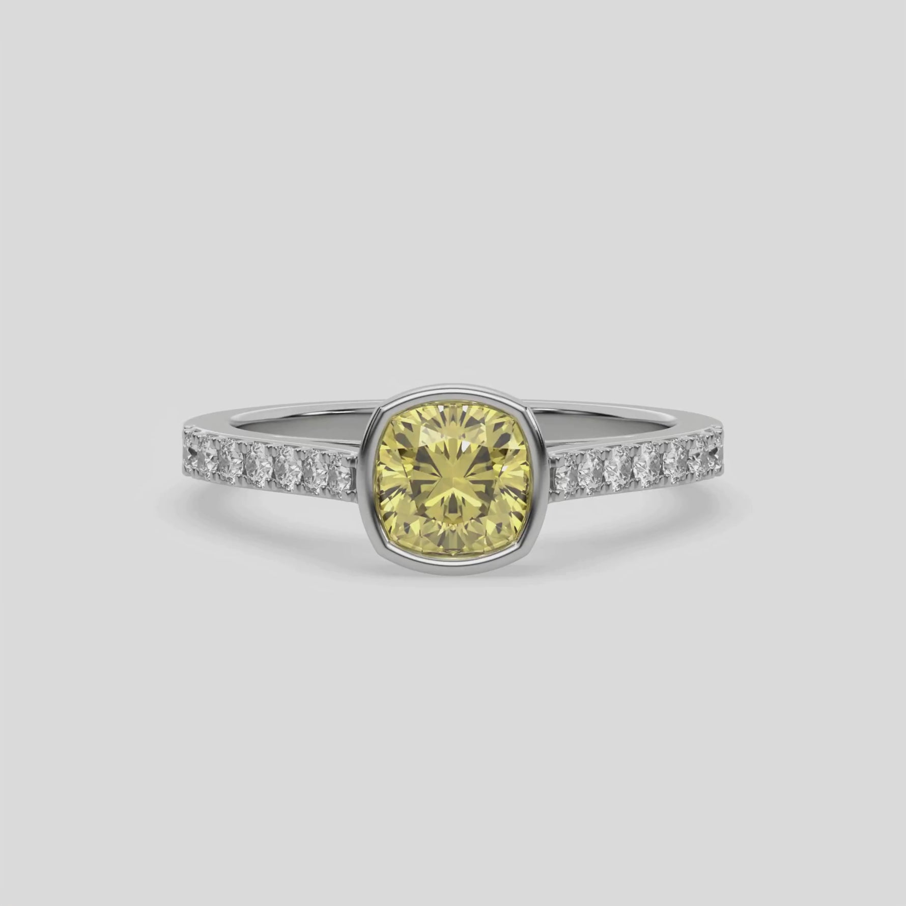 18K White Gold 2 CT Fancy Yellow Cushion Diamond Engagement Ring