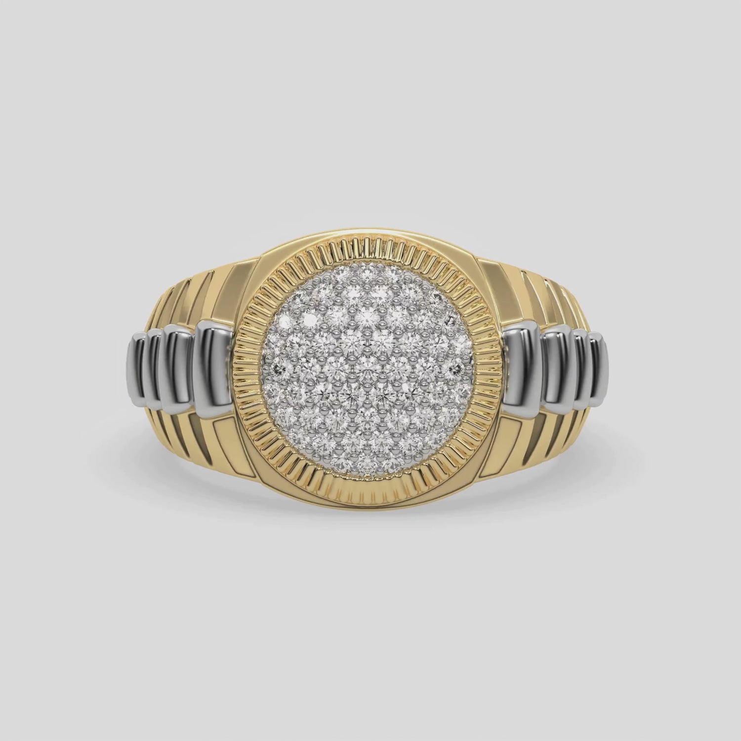 This video features a Dual-tone diamond signet ring, meticulously crafted from the finest solid gold and adorned with round brilliant-cut diamonds 