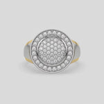 Cluster diamond signet ring made with a cluster of round brilliant cut diamonds, followed by a shining white gold metal rim. Surrounding this centerpiece is a halo of round diamonds, enclosed by another metal rim