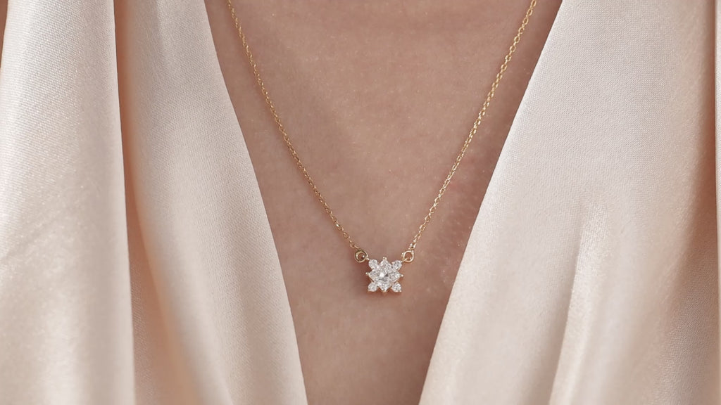 18K Yellow Gold Princess and Round Diamond Cluster Necklace