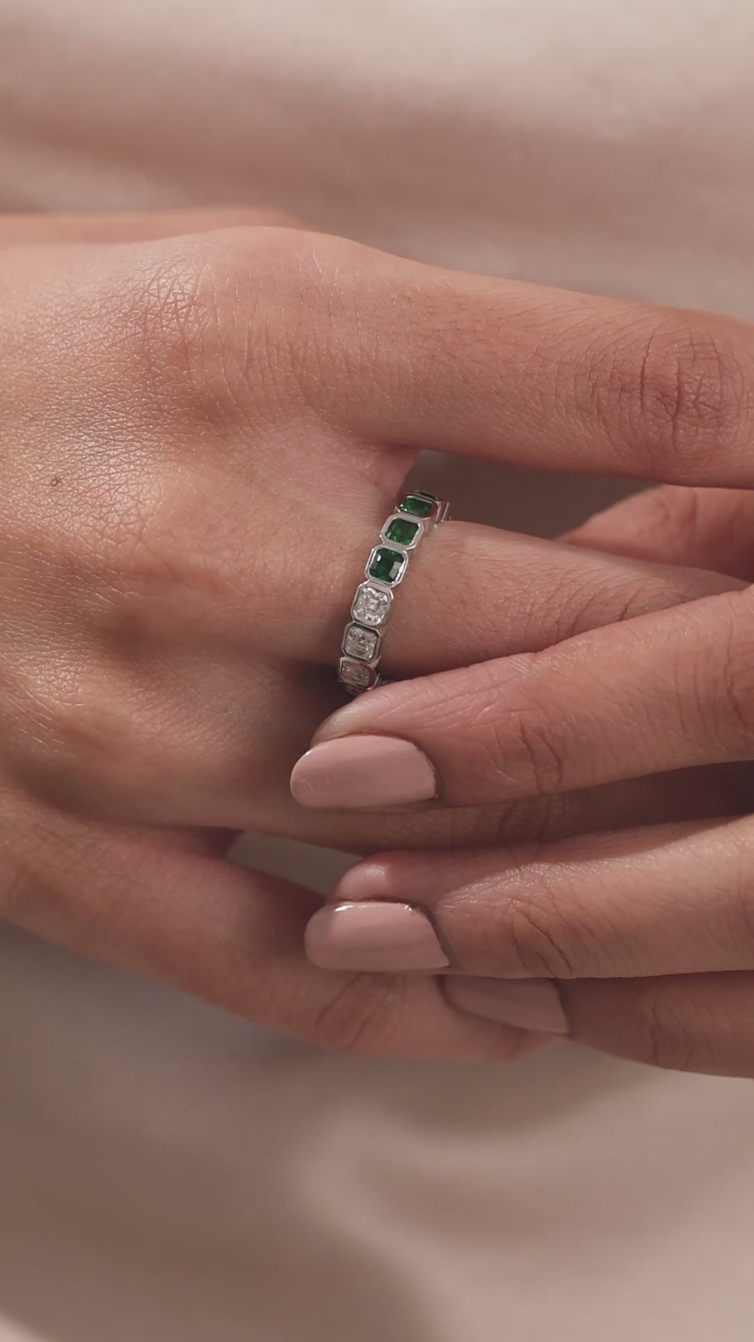 14K White Gold Asscher Diamond Emerald Gemstone Bezel Set Full Eternity Ring