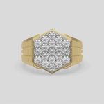 This video features a Diamond hexagon cluster ring showcases solid gold and round brilliant-cut diamonds arranged in a stunning hexagonal formation, secured elegantly in prong settings