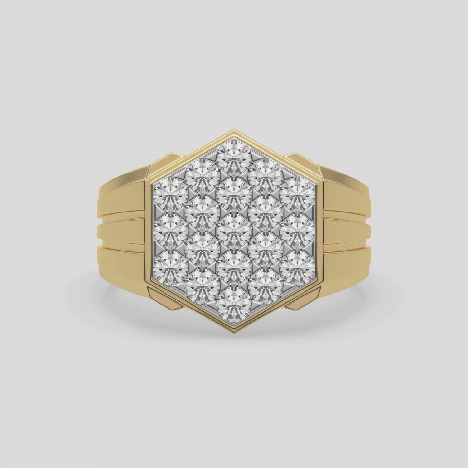 This video features a Diamond hexagon cluster ring showcases solid gold and round brilliant-cut diamonds arranged in a stunning hexagonal formation, secured elegantly in prong settings