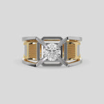 This two-tone gold men round diamond ring showcases a 1 Ct round diamond solitaire held elegantly in a four-prong setting