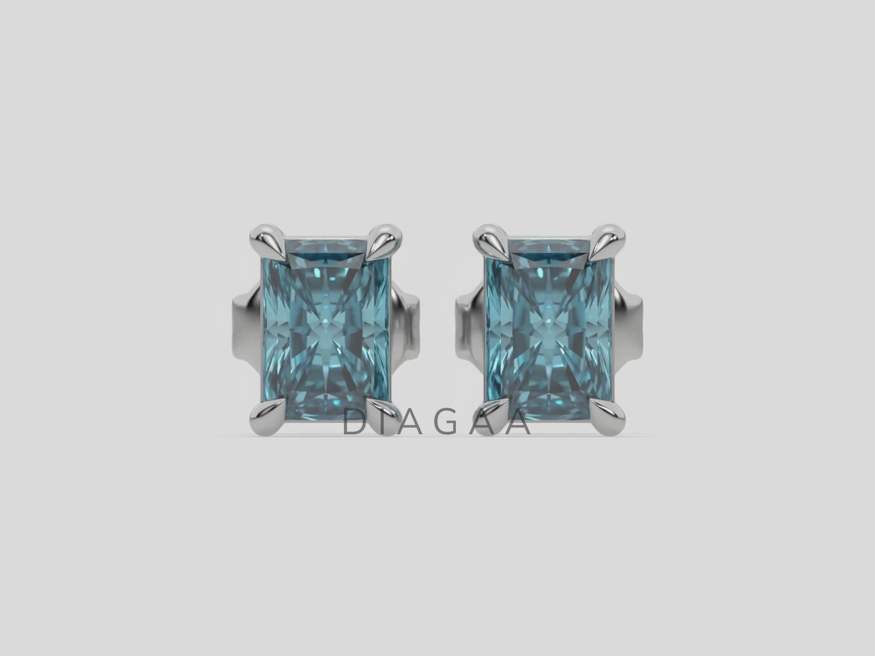 18K White Gold Blue Radiant Diamond Stud Earrings 
