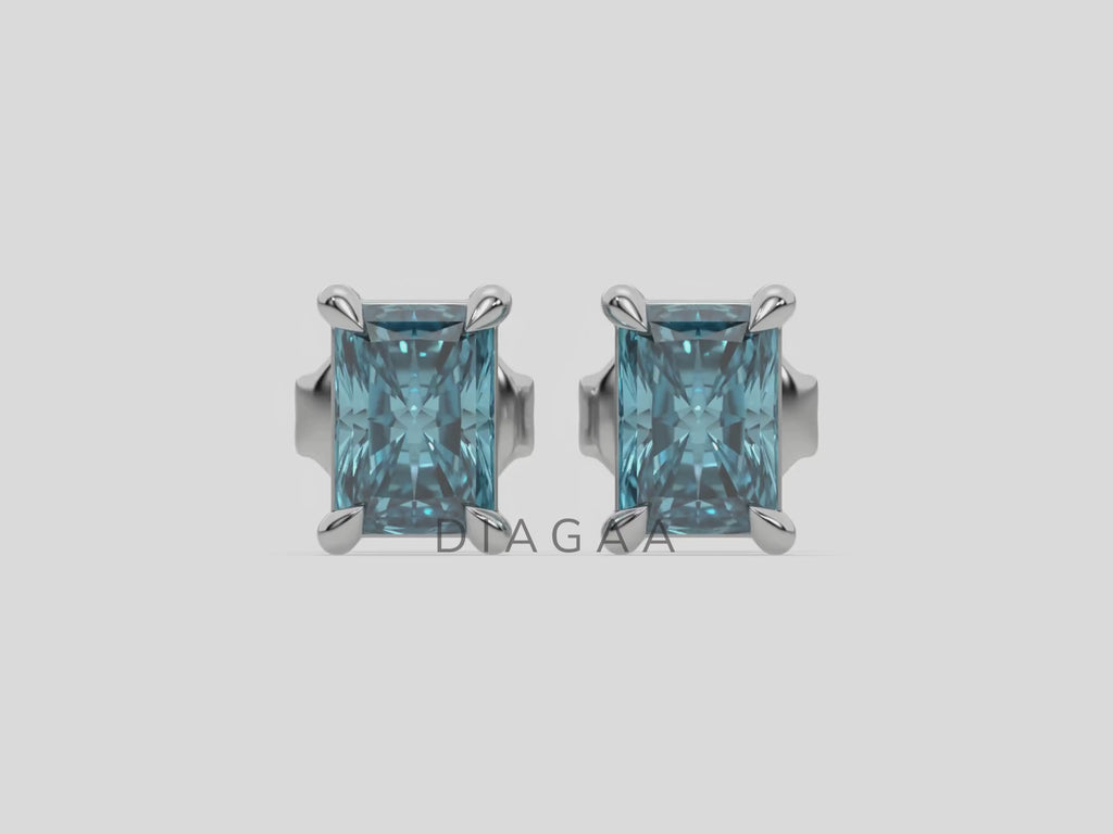 18K White Gold Blue Radiant Diamond Stud Earrings 