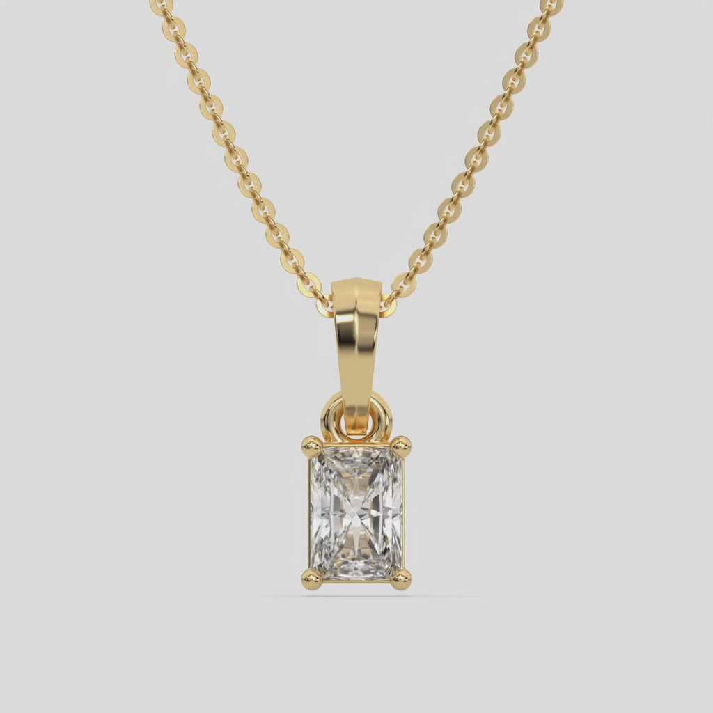 Radiant Solitaire Diamond Necklace made with radiant cut diamond in a four prong setting with adjustable chain