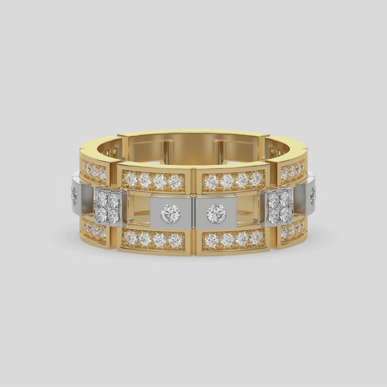 This modern two tone diamond eternity ring is made with round brilliant-cut diamonds, about 1.08 carats in total, set carefully in a mix of pave and flush settings