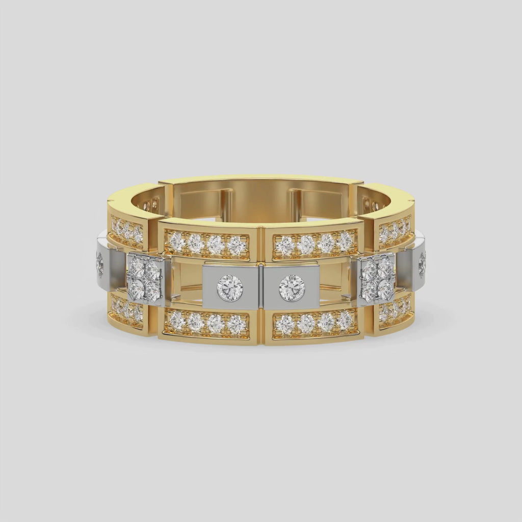 This modern two tone diamond eternity ring is made with round brilliant-cut diamonds, about 1.08 carats in total, set carefully in a mix of pave and flush settings