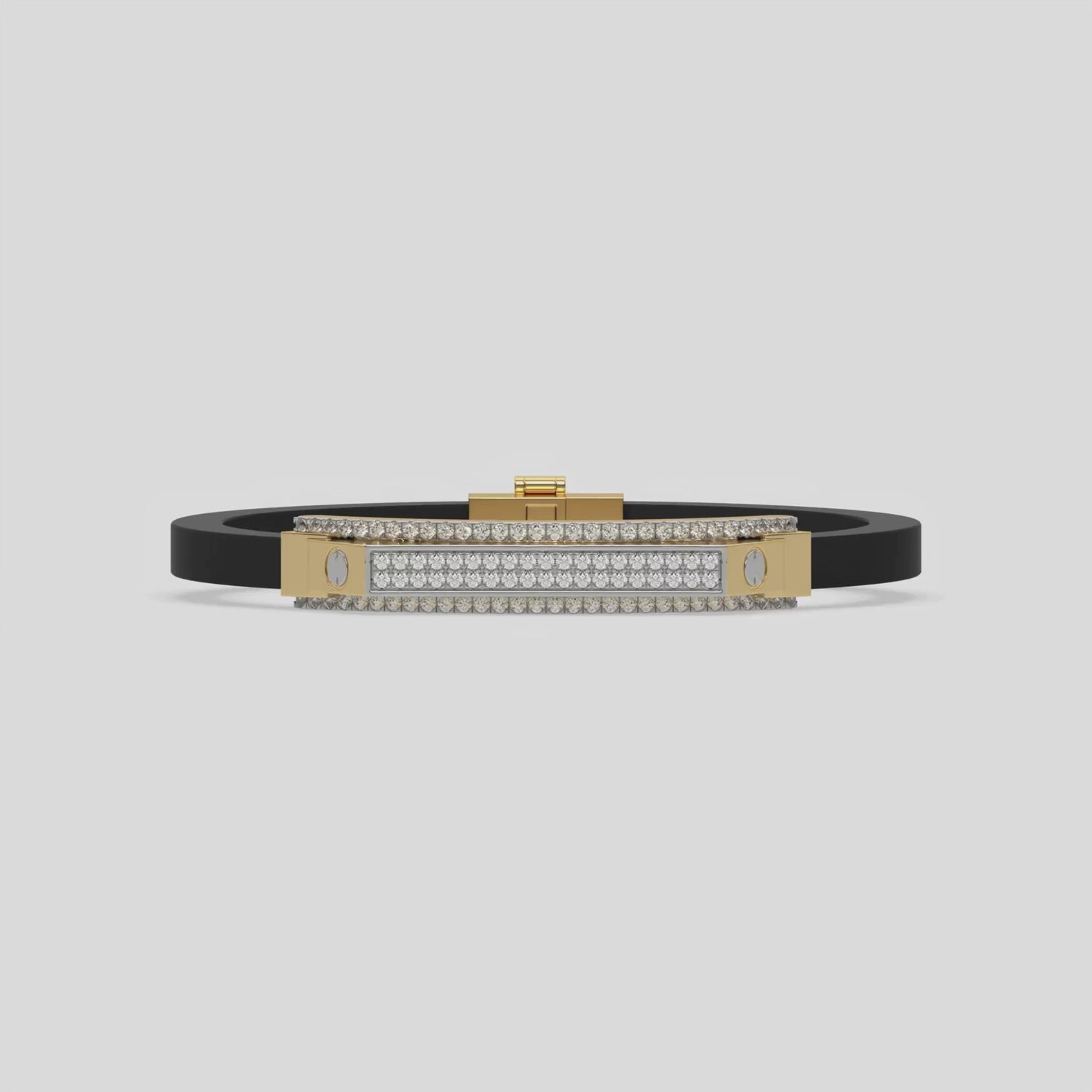 This video features a yellow gold dual row diamond bracelet features round-cut diamonds arranged in two rows, with an additional two rows of diamonds on each end, inspired by a bridge-like design