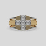 This Dual-tone cross diamond ring boasts round brilliant-cut diamonds set in a shared prong setting, crafting a captivating cross motif