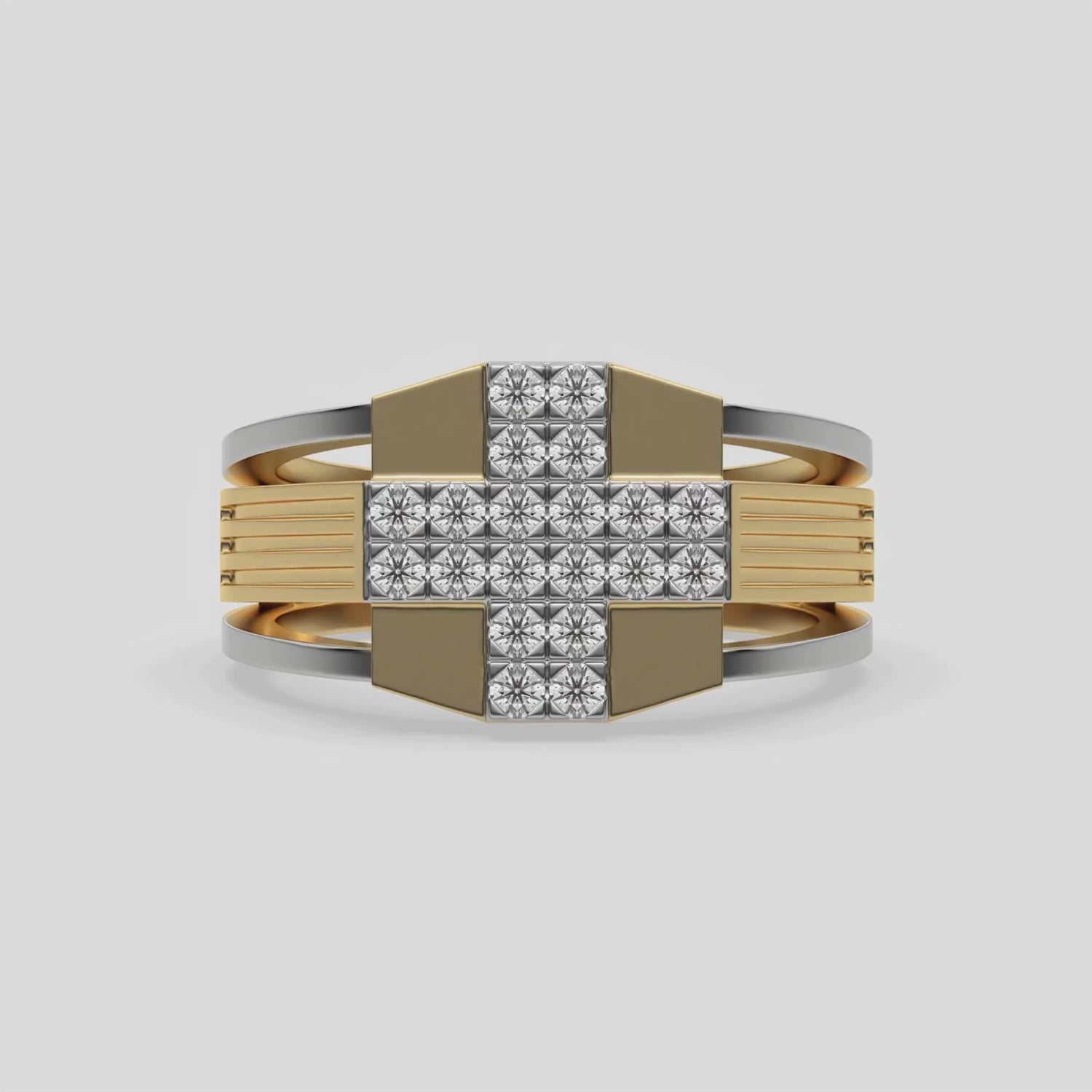 This Dual-tone cross diamond ring boasts round brilliant-cut diamonds set in a shared prong setting, crafting a captivating cross motif