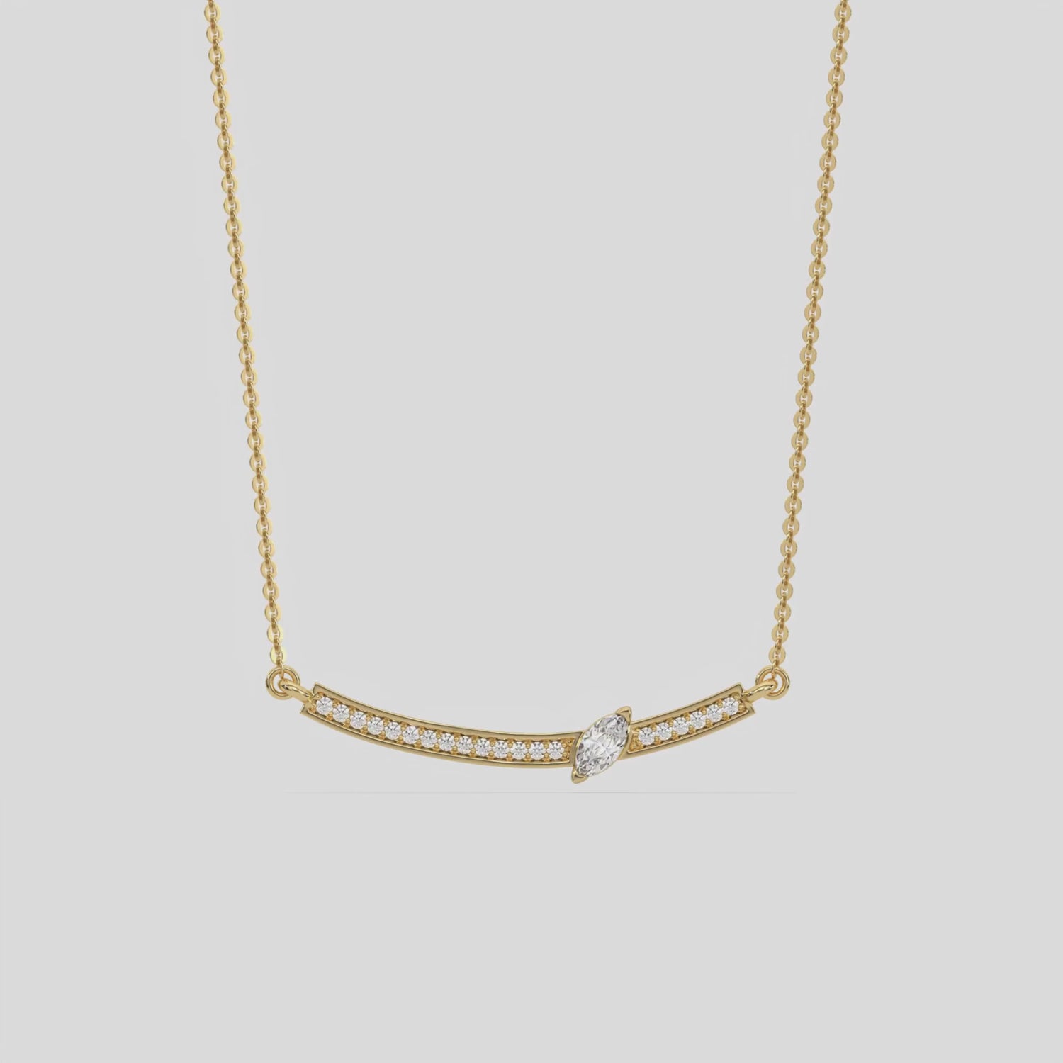 Curved Bar Diamond Necklace made with round brilliant-cut diamond in pave setting with a marquise solitaire on top set at an angle with adjustable chain