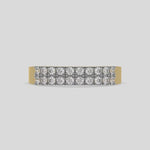 This video features a yellow gold two-row diamond ring, featuring a solid gold band adorned with two rows of round brilliant-cut diamonds elegantly set in a secure four-prong setting