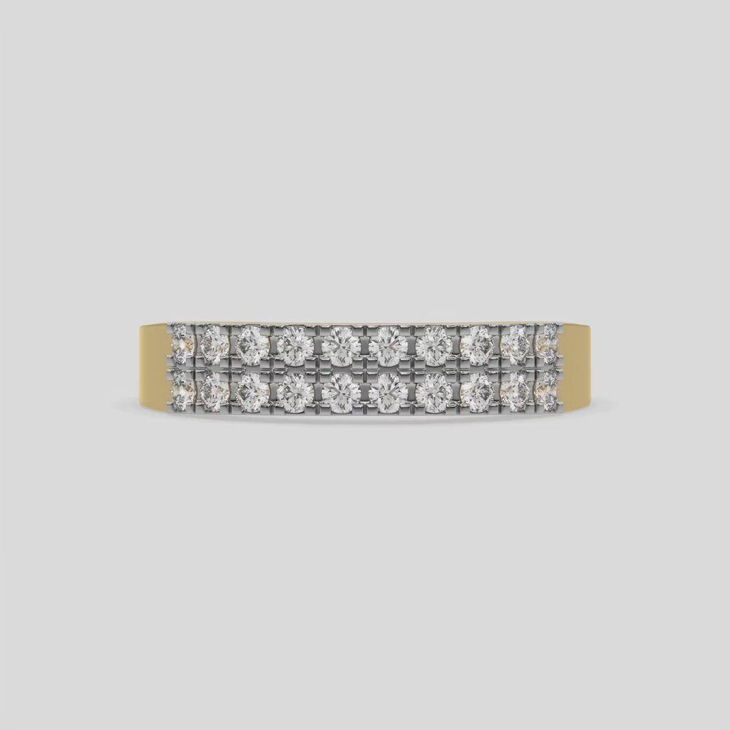 This video features a yellow gold two-row diamond ring, featuring a solid gold band adorned with two rows of round brilliant-cut diamonds elegantly set in a secure four-prong setting