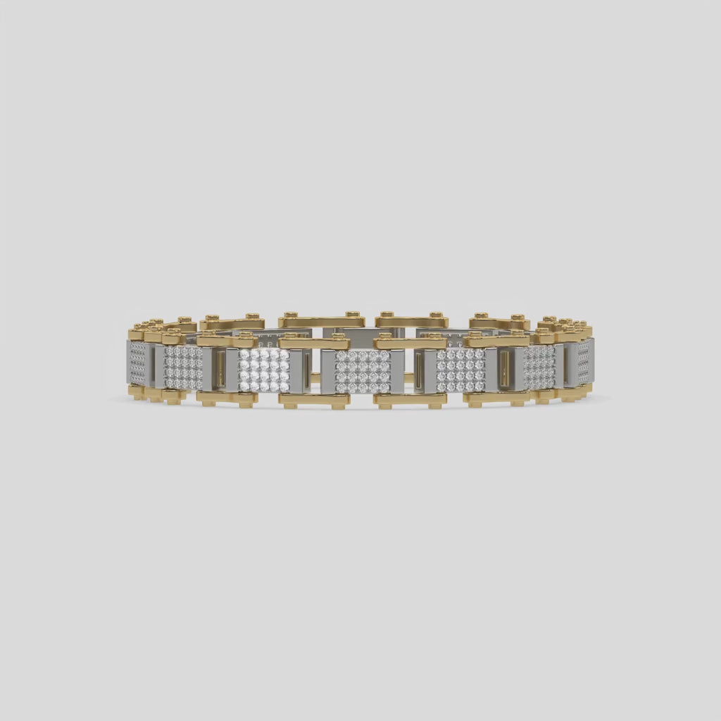 This two tone gold Diamond link bracelet features 3.40 CT of round cut diamonds set in a pave setting 