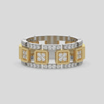 This dual-tone diamond eternity ring, meticulously crafted with solid gold and adorned with approximately 1.05 carats of round brilliant-cut diamonds. Each diamond is expertly set in a secure prong setting