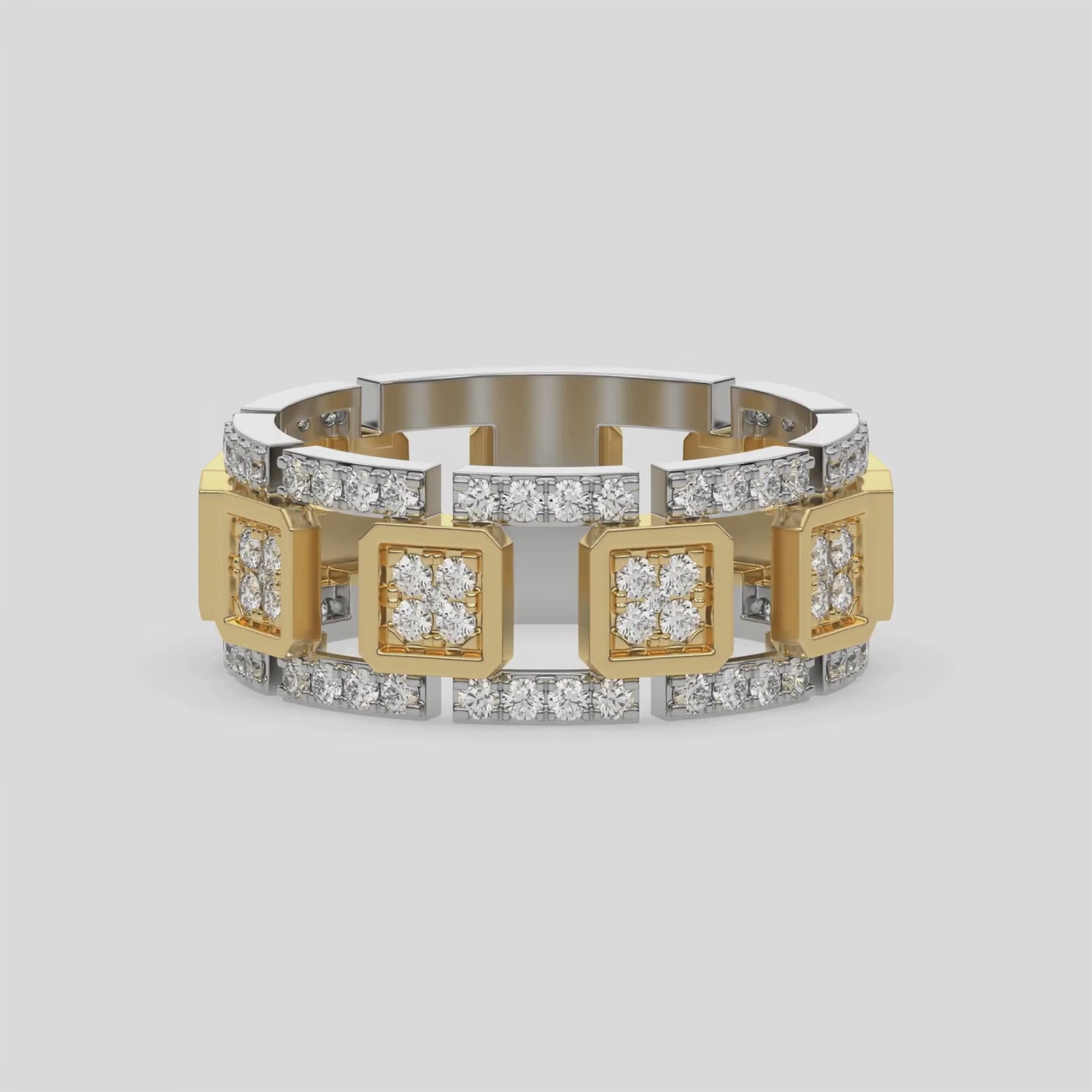 This dual-tone diamond eternity ring, meticulously crafted with solid gold and adorned with approximately 1.05 carats of round brilliant-cut diamonds. Each diamond is expertly set in a secure prong setting