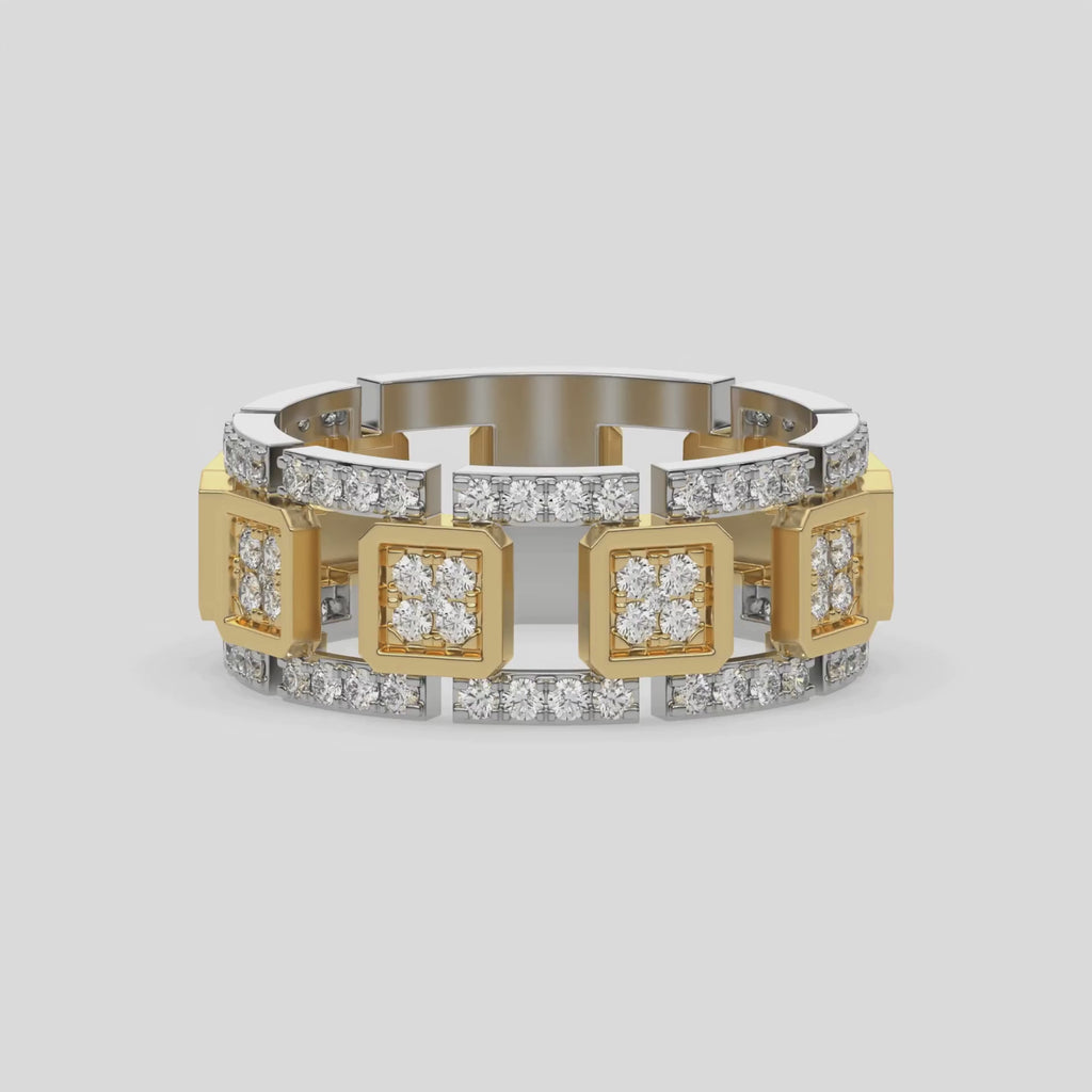 This dual-tone diamond eternity ring, meticulously crafted with solid gold and adorned with approximately 1.05 carats of round brilliant-cut diamonds. Each diamond is expertly set in a secure prong setting