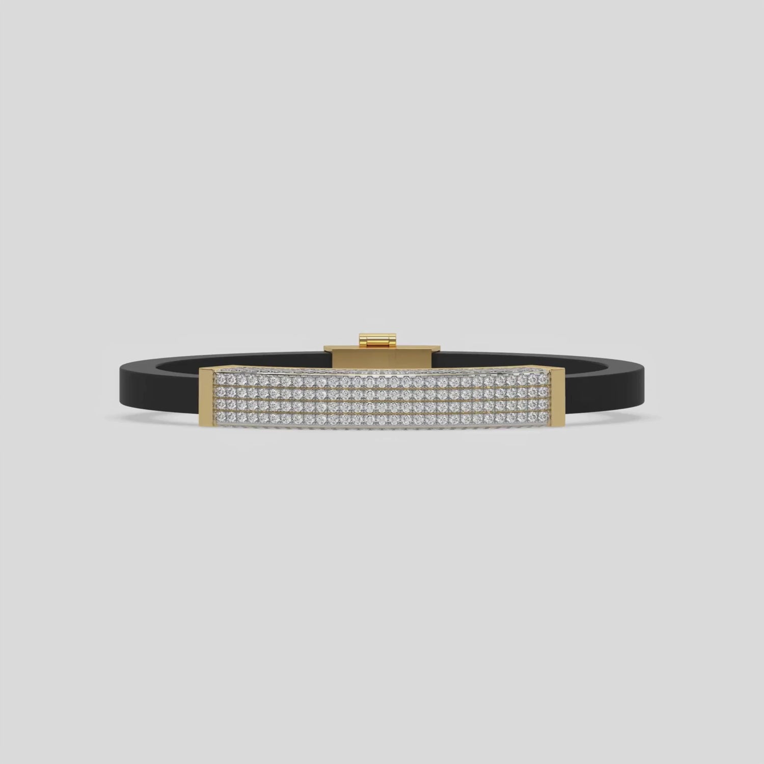 This video features a yellow gold Edge diamond rubber bracelet features 3.50 CT of round cut diamonds set in a prong setting