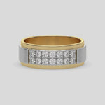 This yellow and white gold video features two-row diamond wedding ring, featuring a two-tone diamond band adorned with round brilliant-cut diamonds elegantly set in a shared prong setting