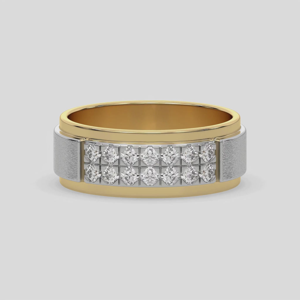 This yellow and white gold video features two-row diamond wedding ring, featuring a two-tone diamond band adorned with round brilliant-cut diamonds elegantly set in a shared prong setting