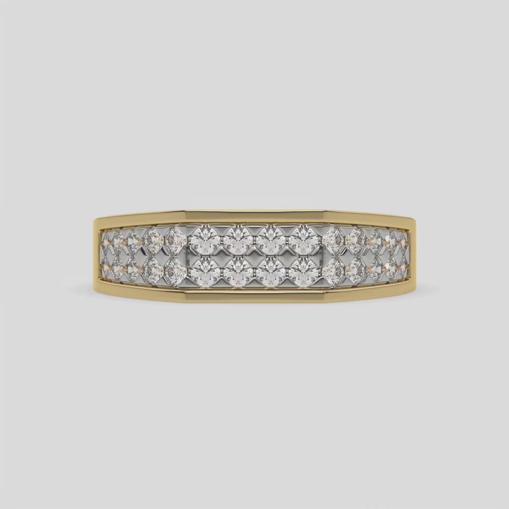 This video features a yellow gold Indulge in elegance with our men dual-row diamond ring, adorned with two rows of round brilliant-cut diamonds meticulously set in a shared prong setting