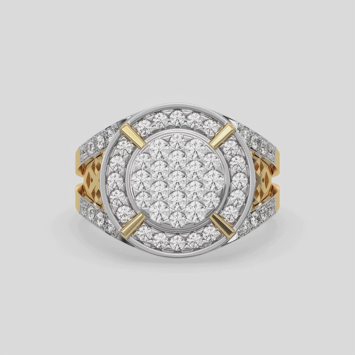 This dual-tone diamond signet ring is made from the finest solid gold and round brilliant cut diamonds. The ring is made from a cluster of round cut diamonds in the centre with a metal rim on the outside, followed by a halo of round diamond