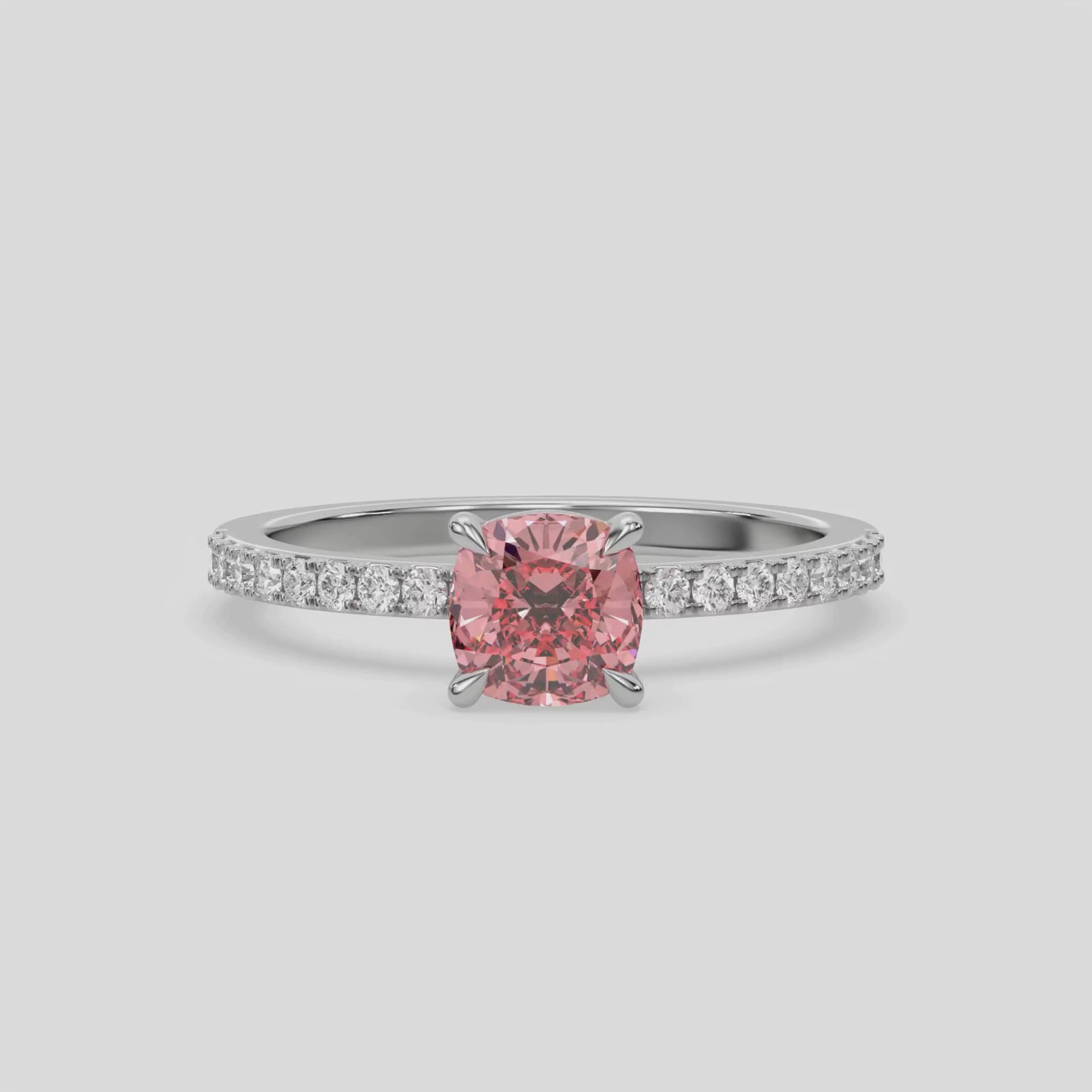 18K White Gold Fancy Pink Cushion Cut Solitaire Diamond Engagement Ring