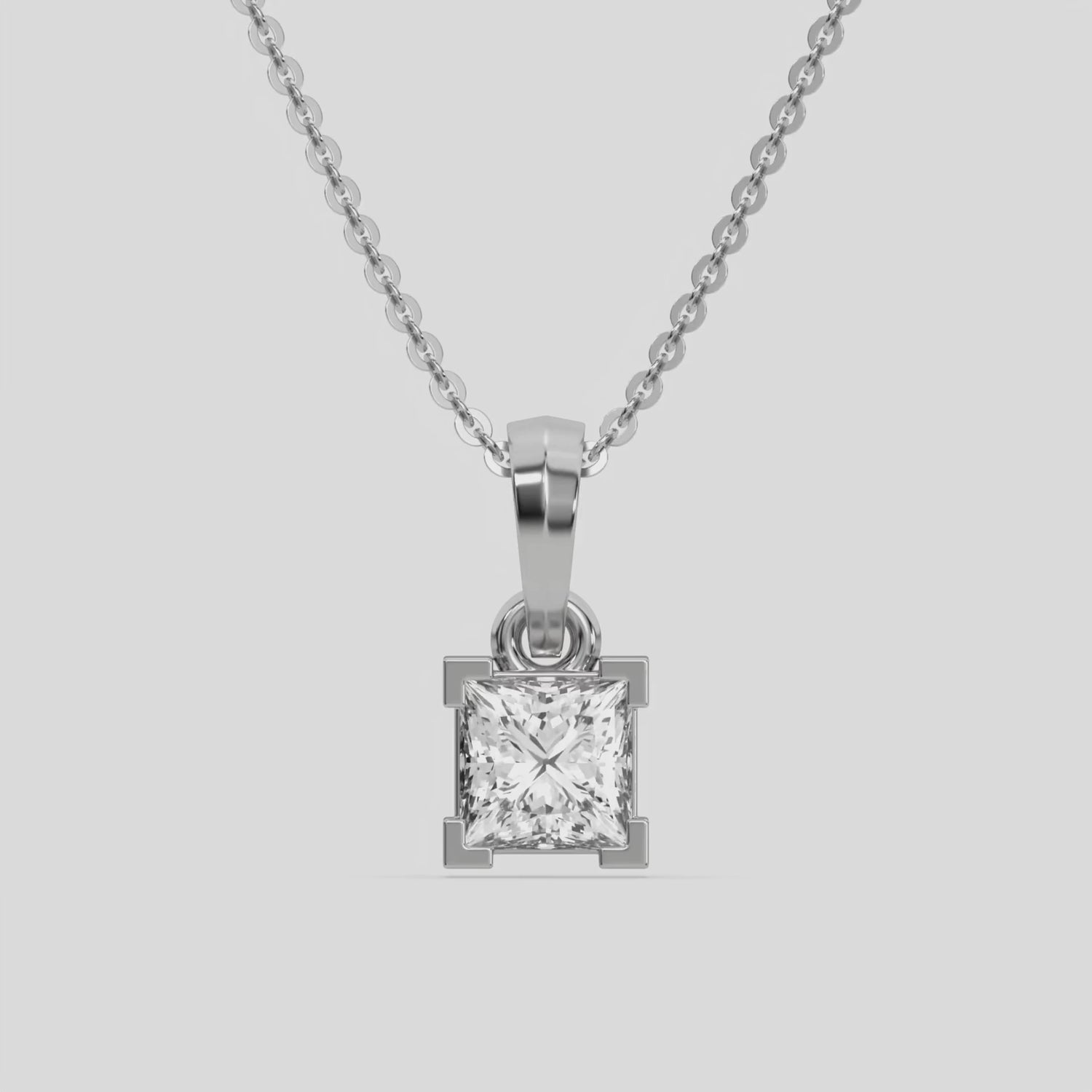  Princess Solitaire Diamond Necklace made with princess cut diamond in a four v-prong setting with adjustable chain