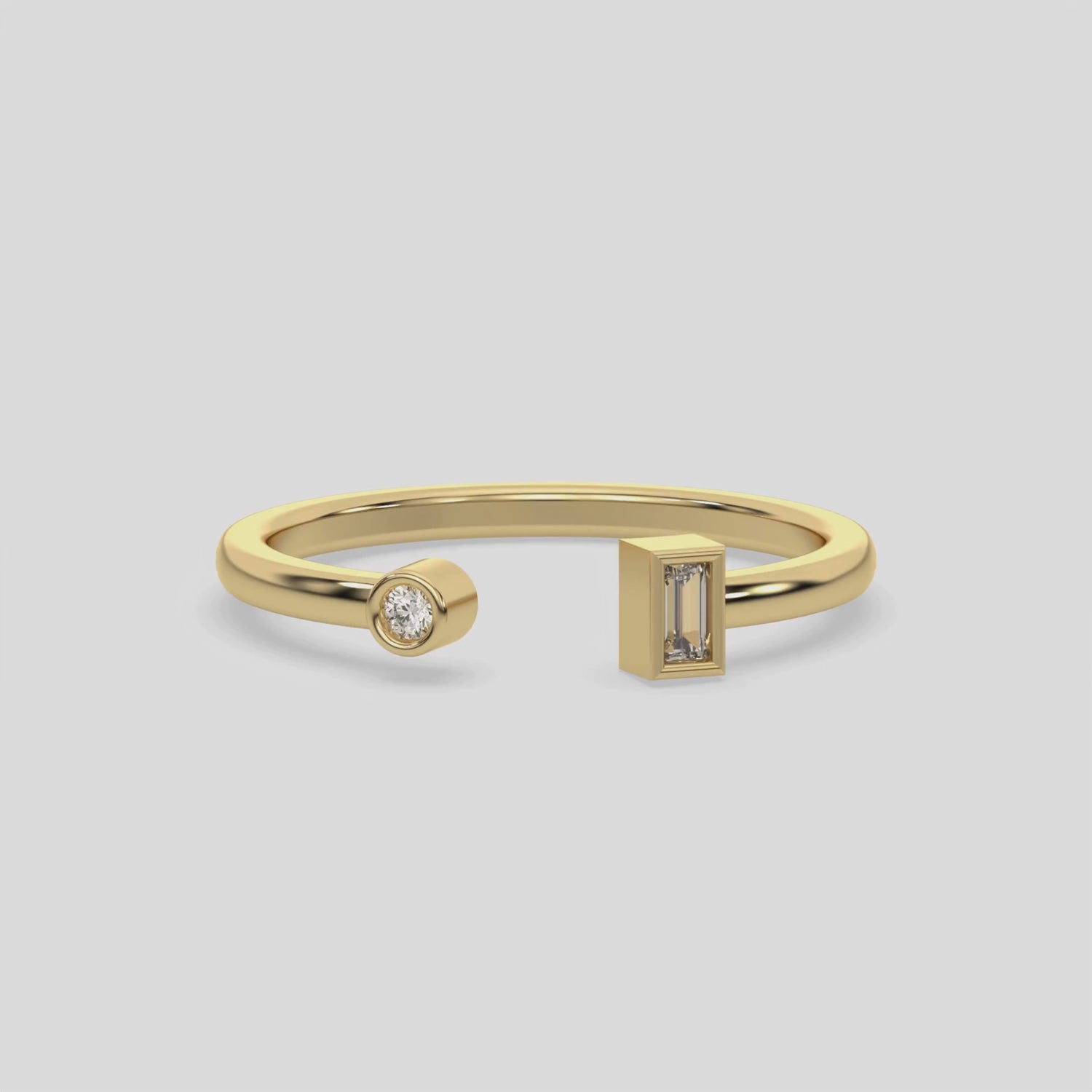 This video features a yellow gold Cuff Baguette Diamond Ring handmade with round brilliant-cut diamond and baguette diamond, set individually in bezel setting